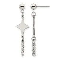 Pair of silver dangle earrings with ball studs, four-pointed star charms, and chain drops hanging from connector rings.