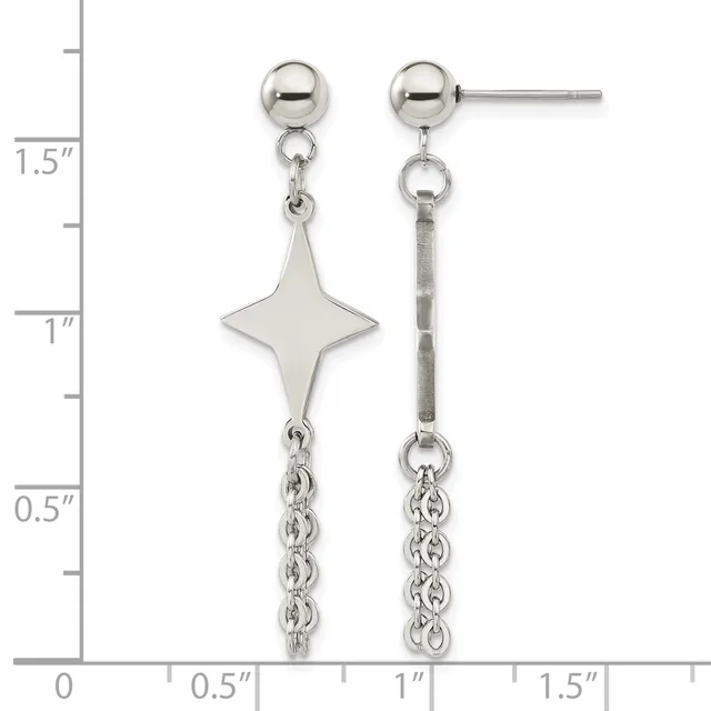 Pair of silver-tone dangle earrings with ball studs, four-pointed star charms, and chain drops, shown next to a ruler measuring approximately 1.5 inches long.