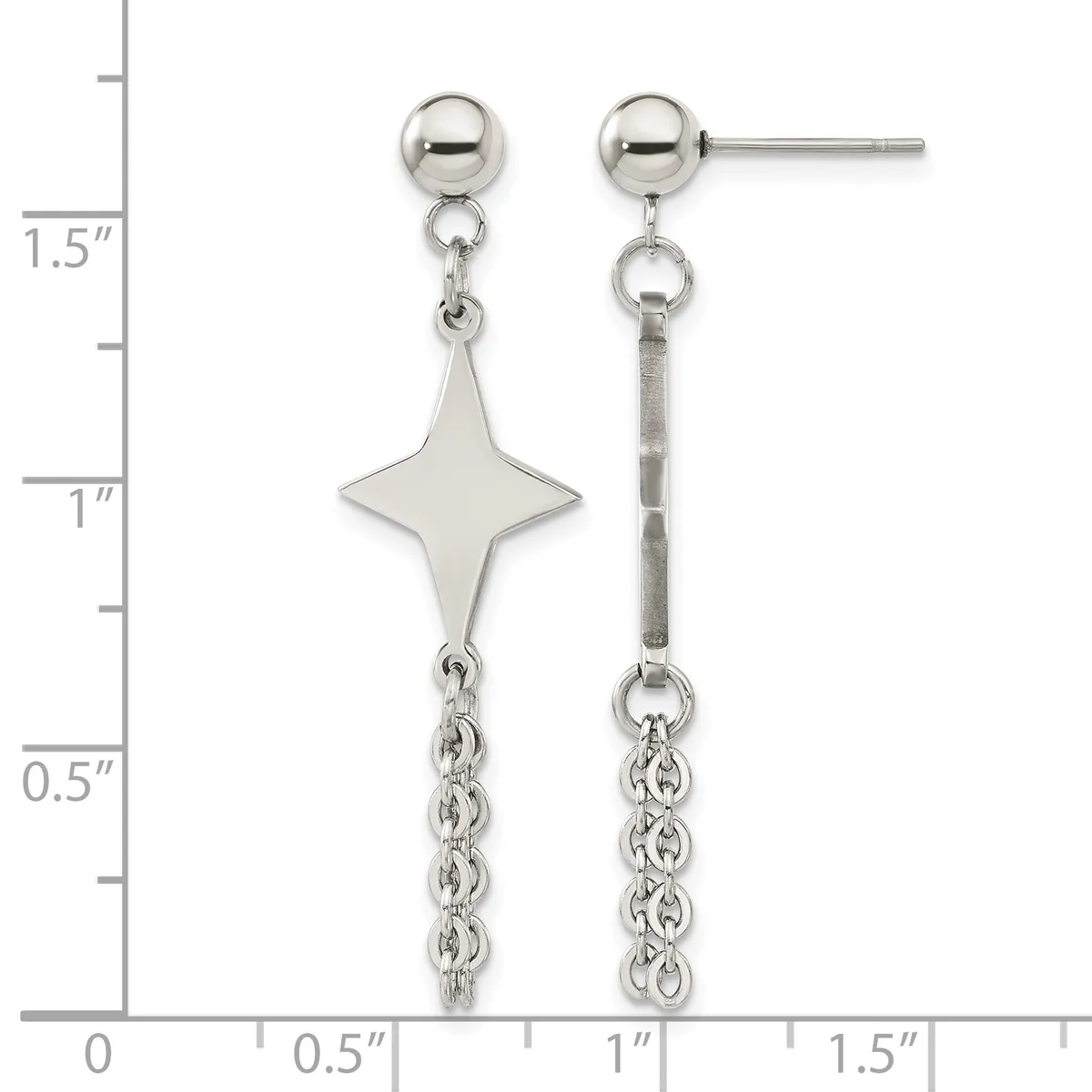 Pair of silver-tone dangle earrings with ball studs, four-pointed star charms, and chain drops, shown next to a ruler measuring approximately 1.5 inches long.