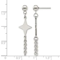 Pair of silver-tone dangle earrings with ball studs, four-pointed star charms, and chain drops, shown next to a ruler measuring approximately 1.5 inches long.