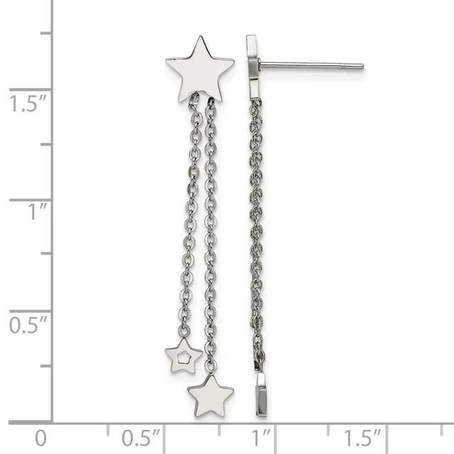 Silver-toned star stud earrings with dangling chain and star charms, displayed against a ruler showing approximately 1.5 inches in length.