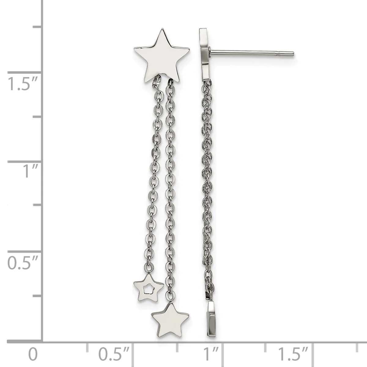 Silver-toned star stud earrings with dangling chain and star charms, displayed against a ruler showing approximately 1.5 inches in length.