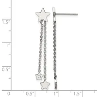 Silver-toned star stud earrings with dangling chain and star charms, displayed against a ruler showing approximately 1.5 inches in length.