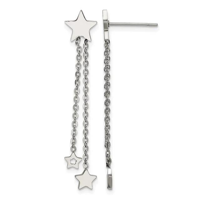 Silver-tone star stud earrings with dangling chain and star charms extending from each post.