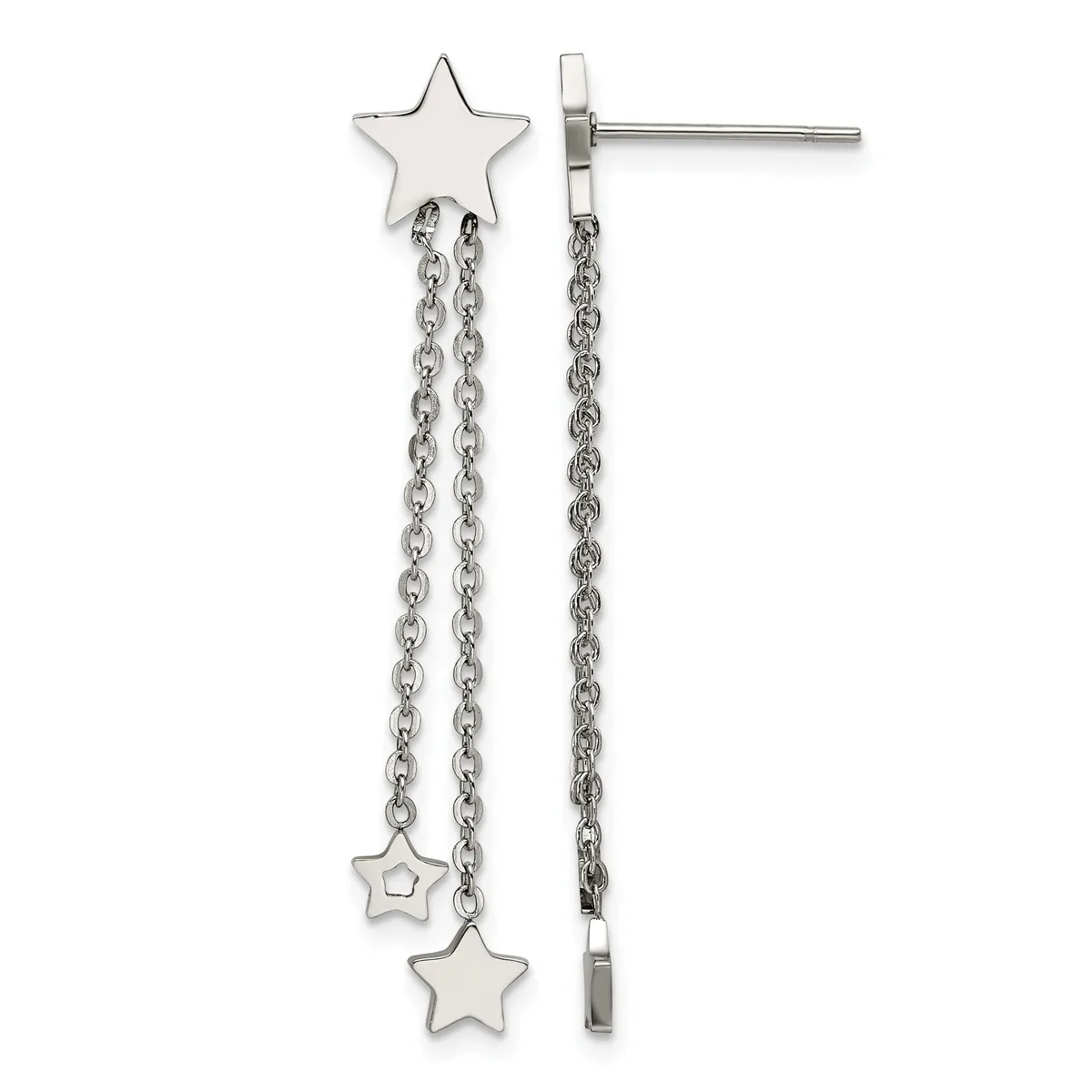 Silver-tone star stud earrings with dangling chain and star charms extending from each post.