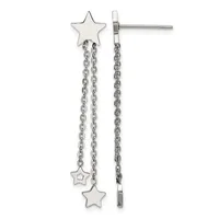 Silver-tone star stud earrings with dangling chain and star charms extending from each post.