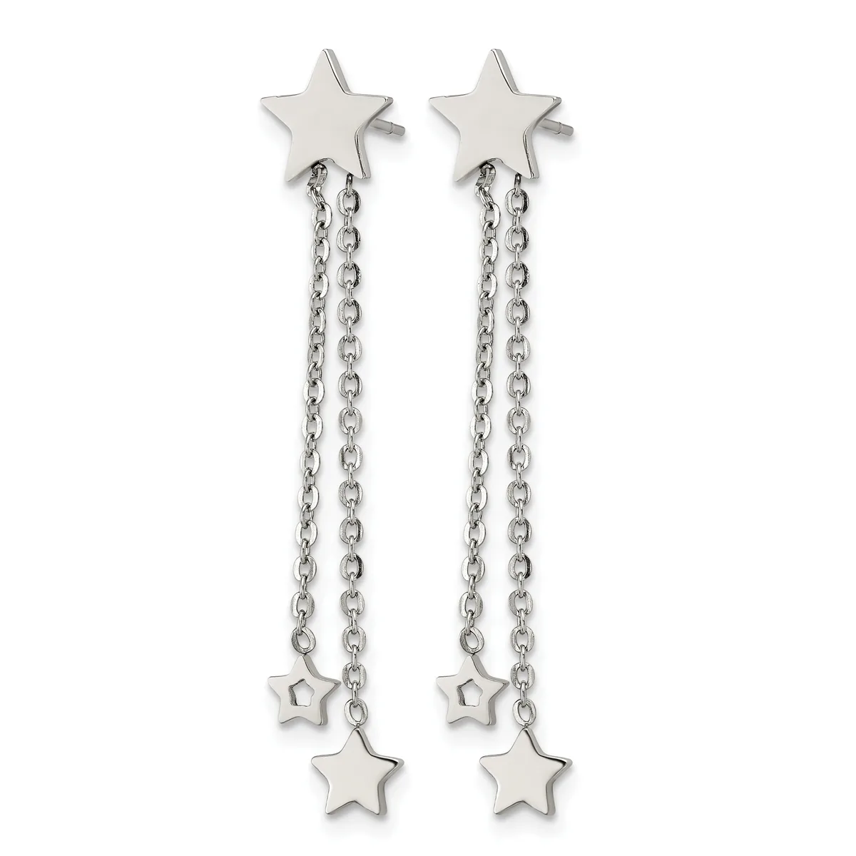 Pair of silver-toned star-shaped stud earrings with dangling chain attachments and small star charms at the ends.