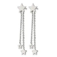 Pair of silver-toned star-shaped stud earrings with dangling chain attachments and small star charms at the ends.