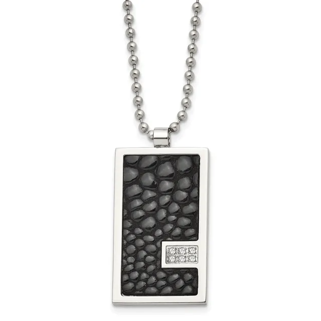 Stainless steel rectangular pendant with black textured surface and small square section containing six clear stones, suspended from a stainless steel ball chain.