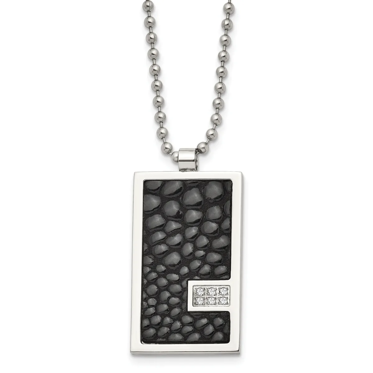 Stainless steel rectangular pendant with black textured surface and small square section containing six clear stones, suspended from a stainless steel ball chain.