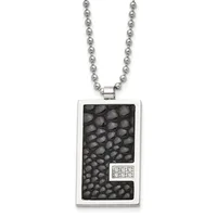 Stainless steel rectangular pendant with black textured surface and small square section containing six clear stones, suspended from a stainless steel ball chain.