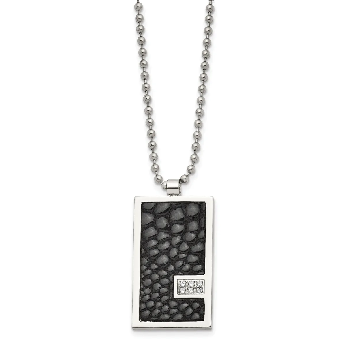 Rectangular silver pendant with textured black surface and small diamond accent, hanging from a silver ball chain.