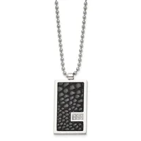 Rectangular silver pendant with textured black surface and small diamond accent, hanging from a silver ball chain.