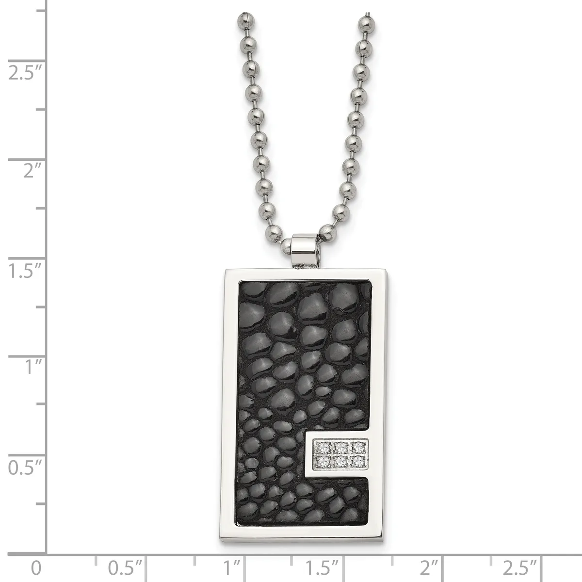 Stainless steel pendant necklace with ball chain, featuring a rectangular pendant with black leather texture and small diamond accents, displayed against a measurement scale.
