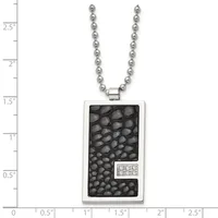 Stainless steel pendant necklace with ball chain, featuring a rectangular pendant with black leather texture and small diamond accents, displayed against a measurement scale.