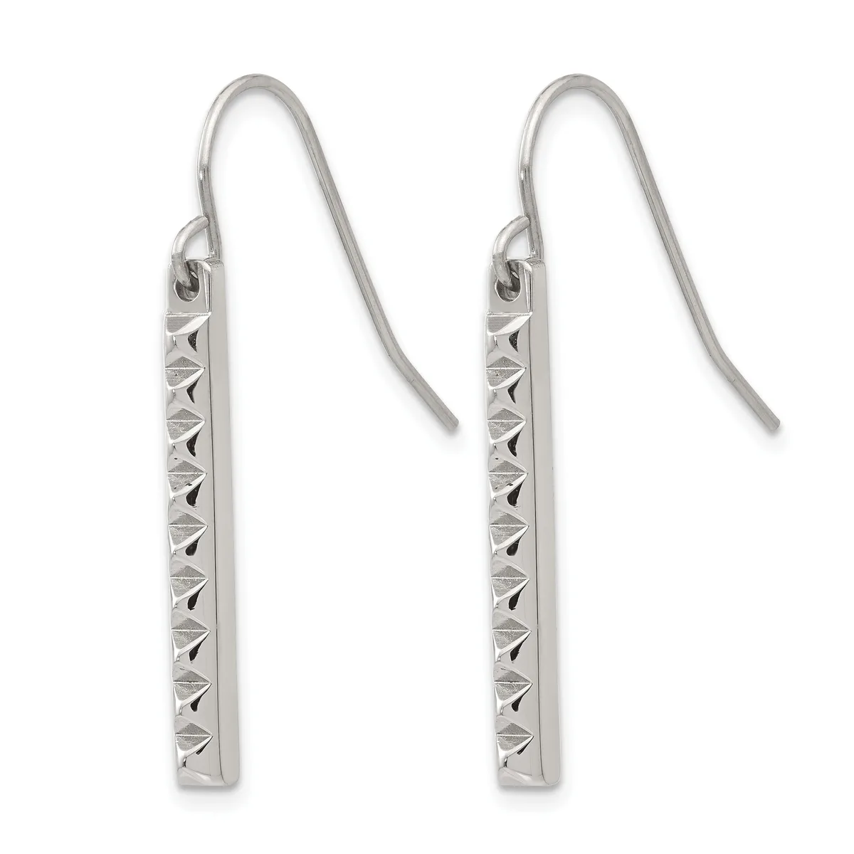 A pair of silver dangle earrings with textured rectangular bars hanging from curved ear wires.