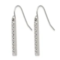 A pair of silver dangle earrings with textured rectangular bars hanging from curved ear wires.