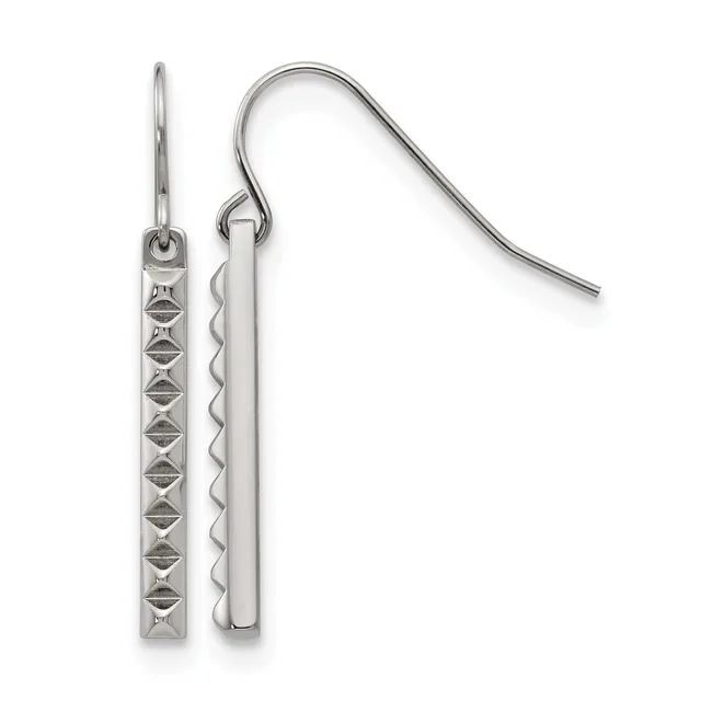 Pair of silver-toned metal dangle earrings with textured rectangular pendants hanging from curved French wire hooks.
