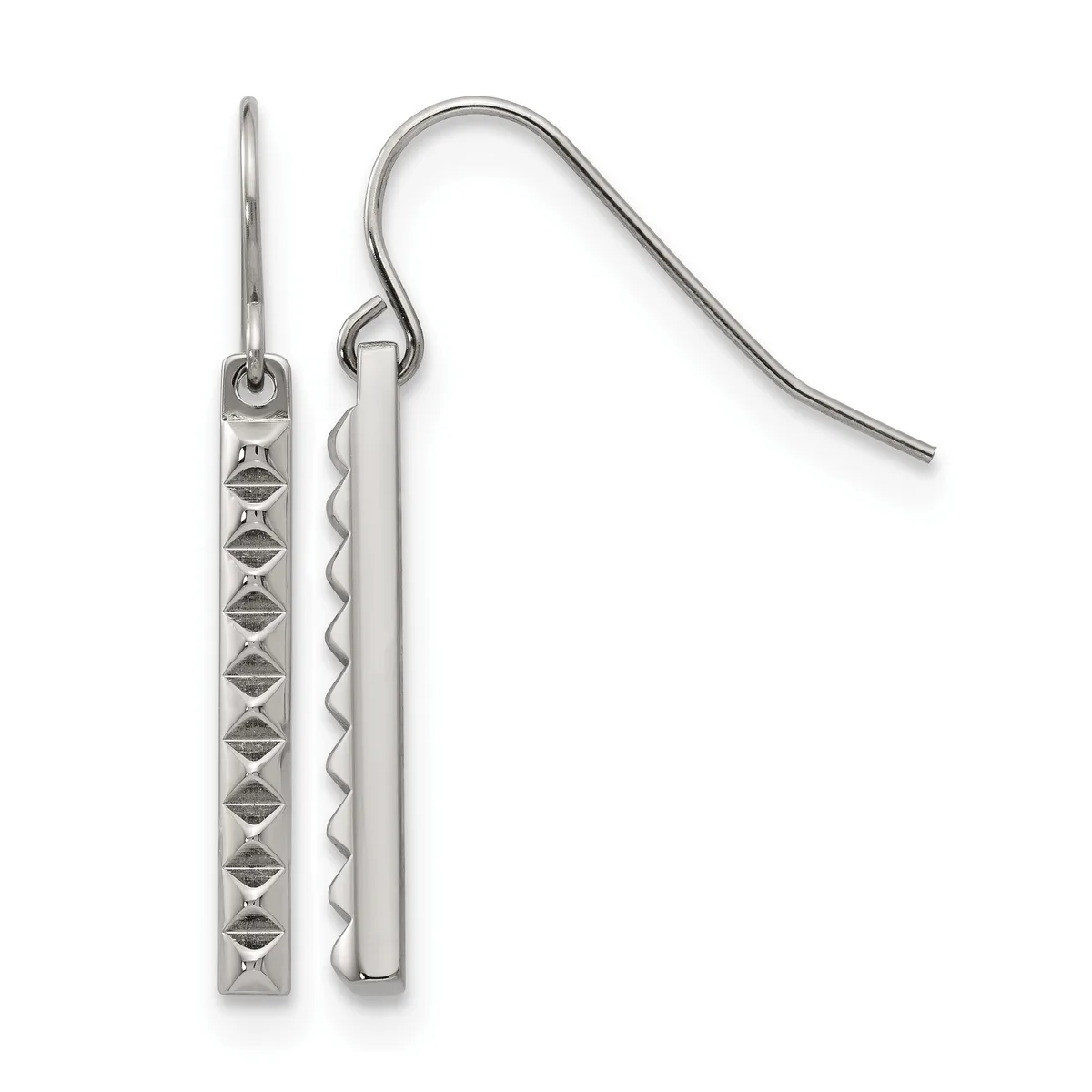 Pair of silver-toned metal dangle earrings with textured rectangular pendants hanging from curved French wire hooks.