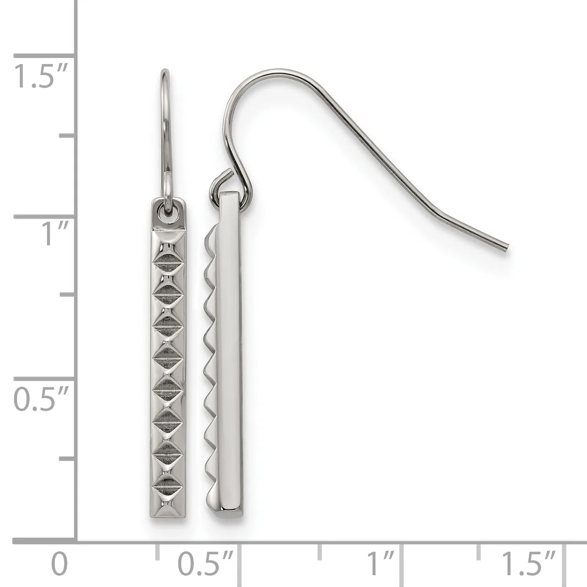 A pair of silver dangle earrings with textured rectangular pendants and matching curved ear wires, displayed against a measurement ruler showing approximately one inch in length.