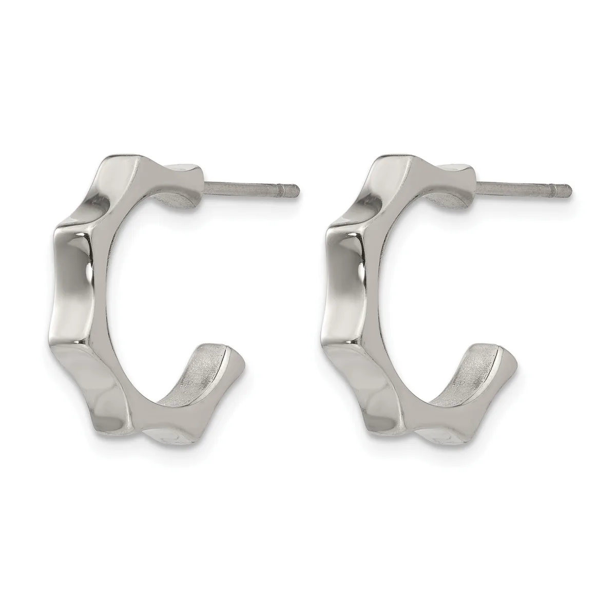 A pair of polished silver-toned chunky hoop earrings with curved rectangular shapes and post backs, displayed against a white background.