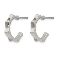 A pair of polished silver-toned chunky hoop earrings with curved rectangular shapes and post backs, displayed against a white background.