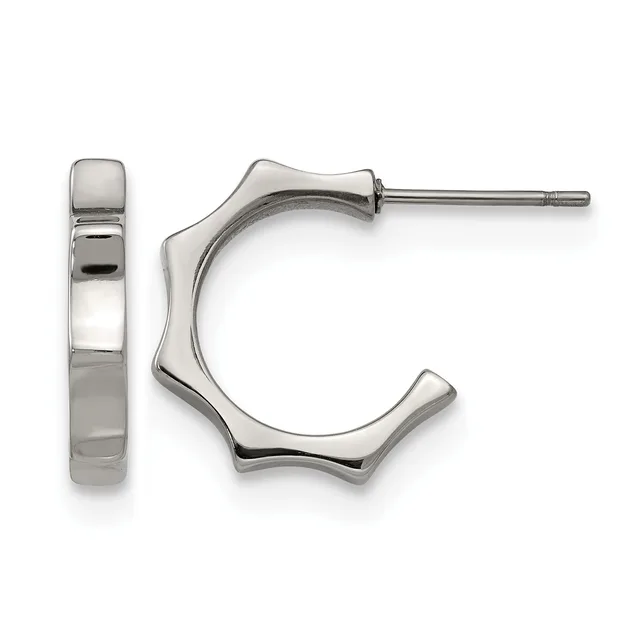 Pair of polished silver-toned wavy hoop earrings with posts and backs, shown from front and side views.