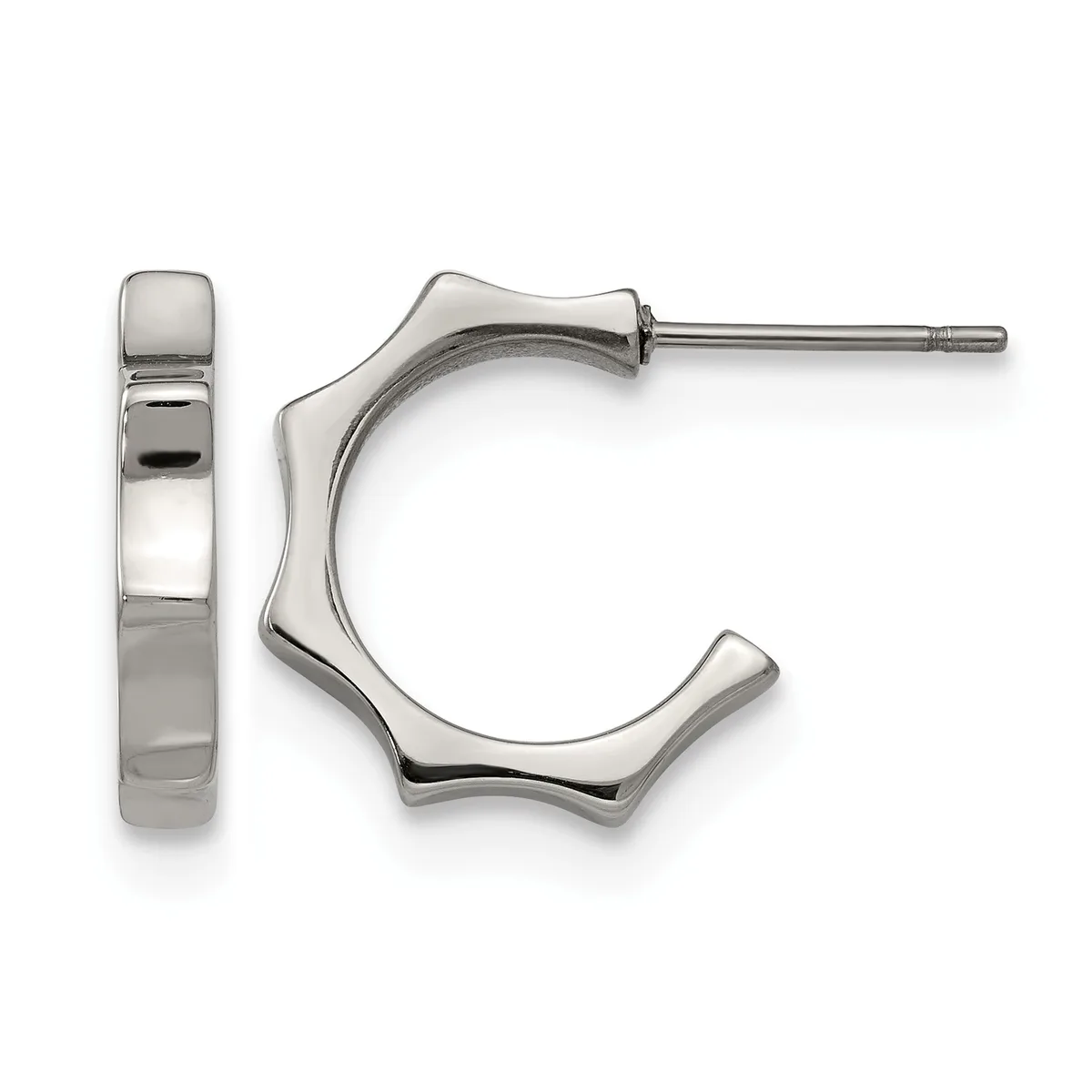 Pair of polished silver-toned wavy hoop earrings with posts and backs, shown from front and side views.