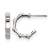 Pair of polished silver-toned wavy hoop earrings with posts and backs, shown from front and side views.