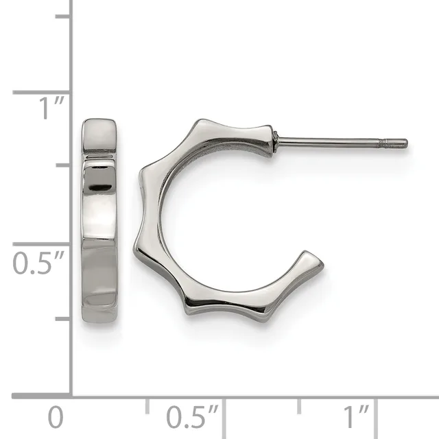 Two polished silver-toned hoop earrings with wavy edges shown from front and side view against a measurement ruler.