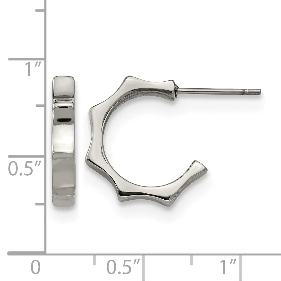 Two polished silver-toned hoop earrings with wavy edges shown from front and side view against a measurement ruler.
