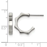 Two polished silver-toned hoop earrings with wavy edges shown from front and side view against a measurement ruler.