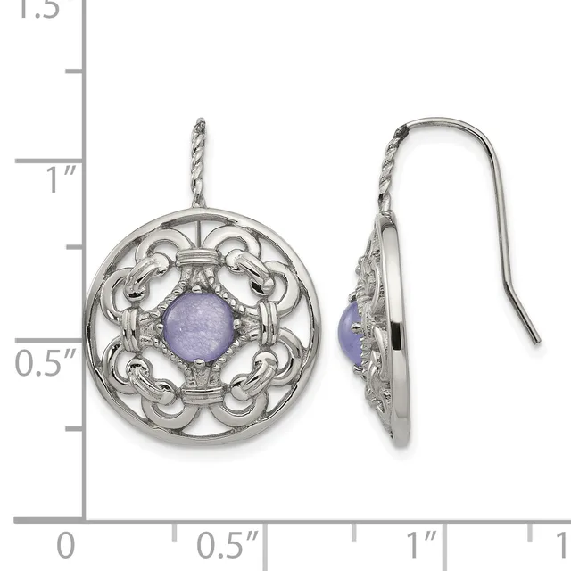 Pair of silver ornate circular drop earrings with purple stone centers, shown front and side view against a ruler measuring approximately 1.25 inches in length.