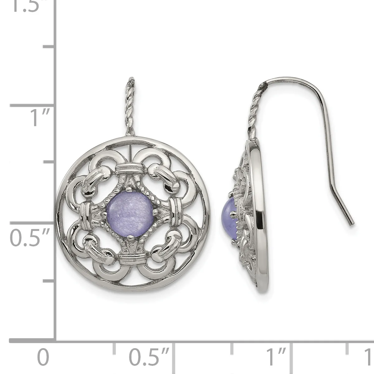 Pair of silver ornate circular drop earrings with purple stone centers, shown front and side view against a ruler measuring approximately 1.25 inches in length.