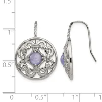 Pair of silver ornate circular drop earrings with purple stone centers, shown front and side view against a ruler measuring approximately 1.25 inches in length.