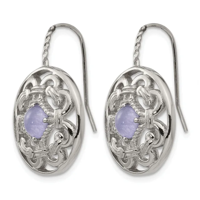 A pair of silver drop earrings with ornate oval filigree frames featuring lavender oval stones suspended from curved ear wires.