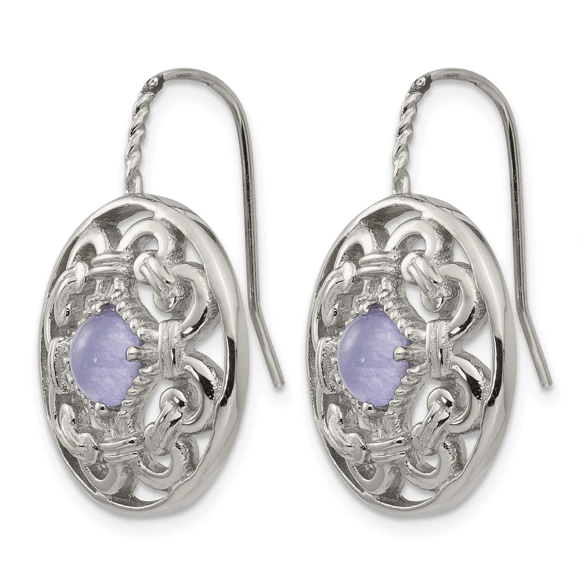 A pair of silver drop earrings with ornate oval filigree frames featuring lavender oval stones suspended from curved ear wires.