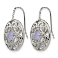 A pair of silver drop earrings with ornate oval filigree frames featuring lavender oval stones suspended from curved ear wires.
