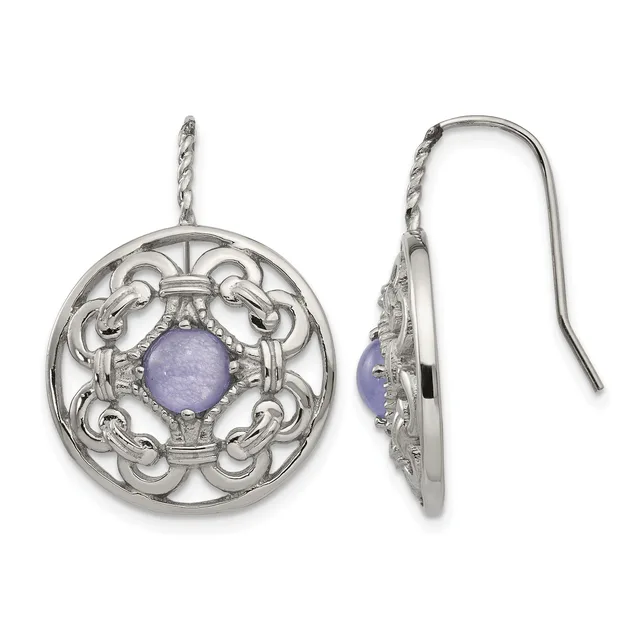 Pair of silver dangle earrings with ornate circular medallion pendants featuring purple stone centers and scrollwork designs, shown from front and side views.