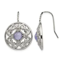 Pair of silver dangle earrings with ornate circular medallion pendants featuring purple stone centers and scrollwork designs, shown from front and side views.