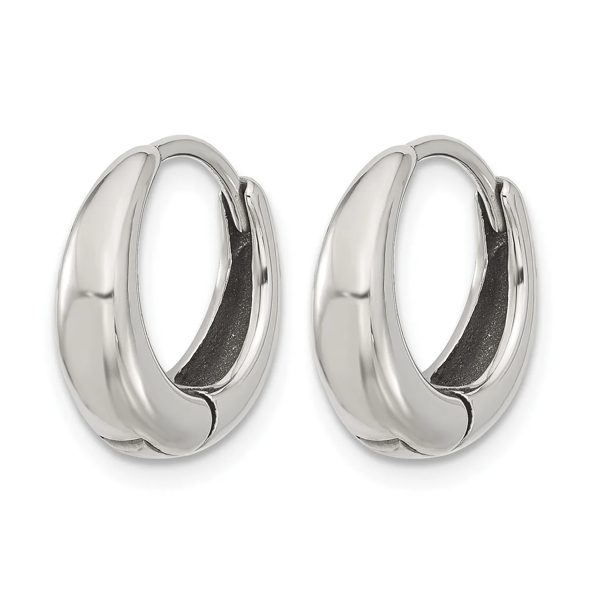 A pair of polished silver chunky hoop earrings with a smooth curved design and hinged closures, shown from the front against a white background.