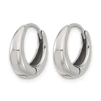 A pair of polished silver chunky hoop earrings with a smooth curved design and hinged closures, shown from the front against a white background.