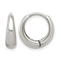 Pair of polished silver-toned chunky hoop earrings with hinged closures, shown from front and side angles.