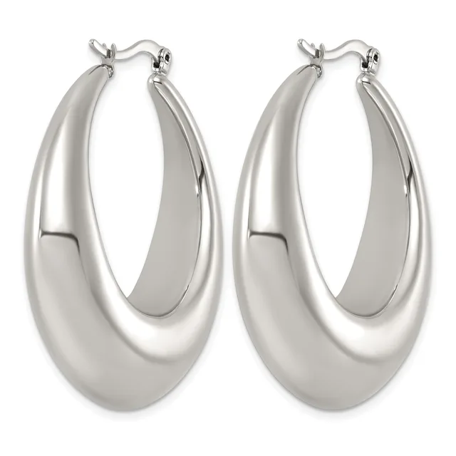 Pair of polished silver-toned chunky oval hoop earrings with curved teardrop shapes and hinged closures, displayed against a white background.