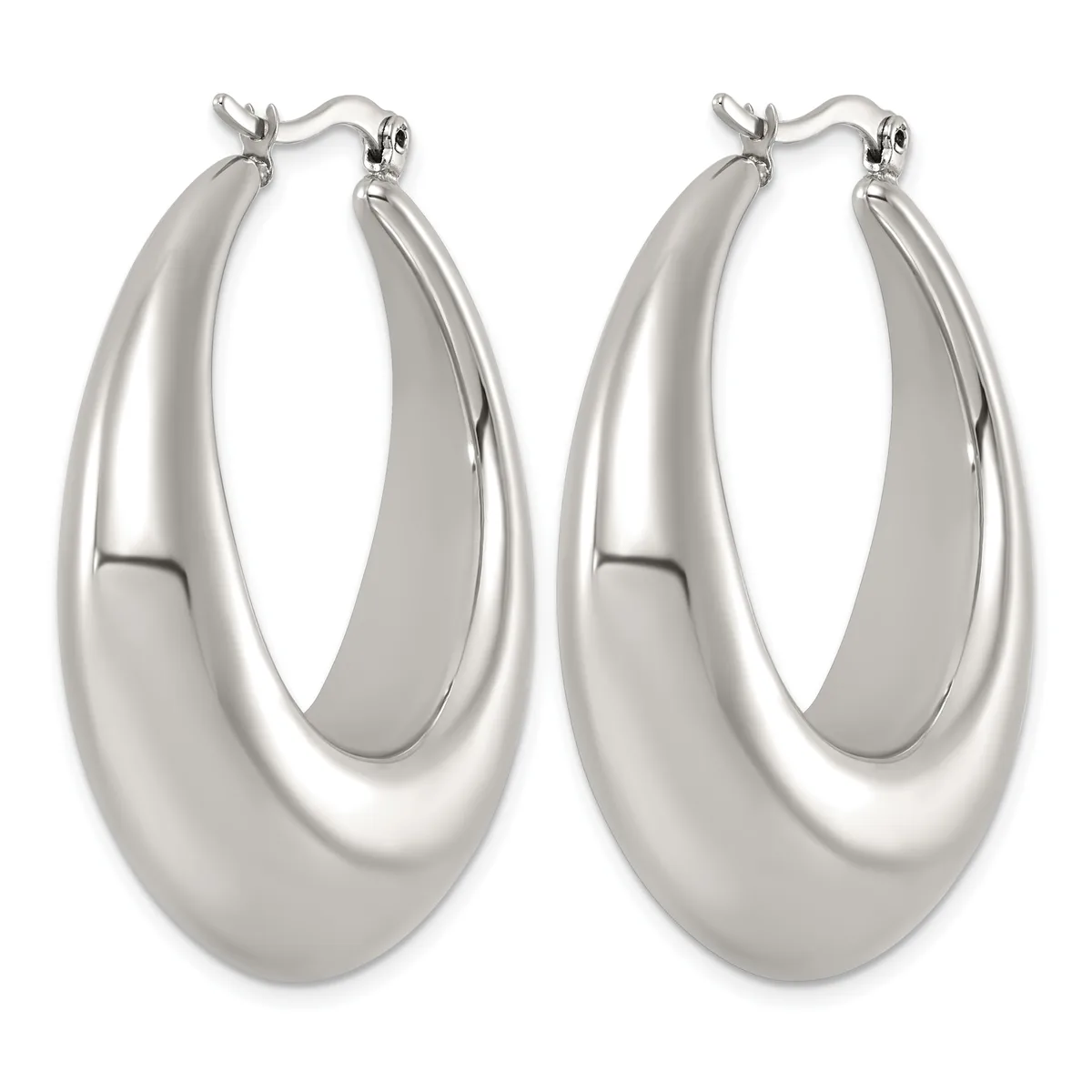 Pair of polished silver-toned chunky oval hoop earrings with curved teardrop shapes and hinged closures, displayed against a white background.