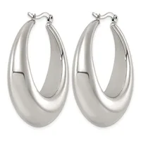 Pair of polished silver-toned chunky oval hoop earrings with curved teardrop shapes and hinged closures, displayed against a white background.
