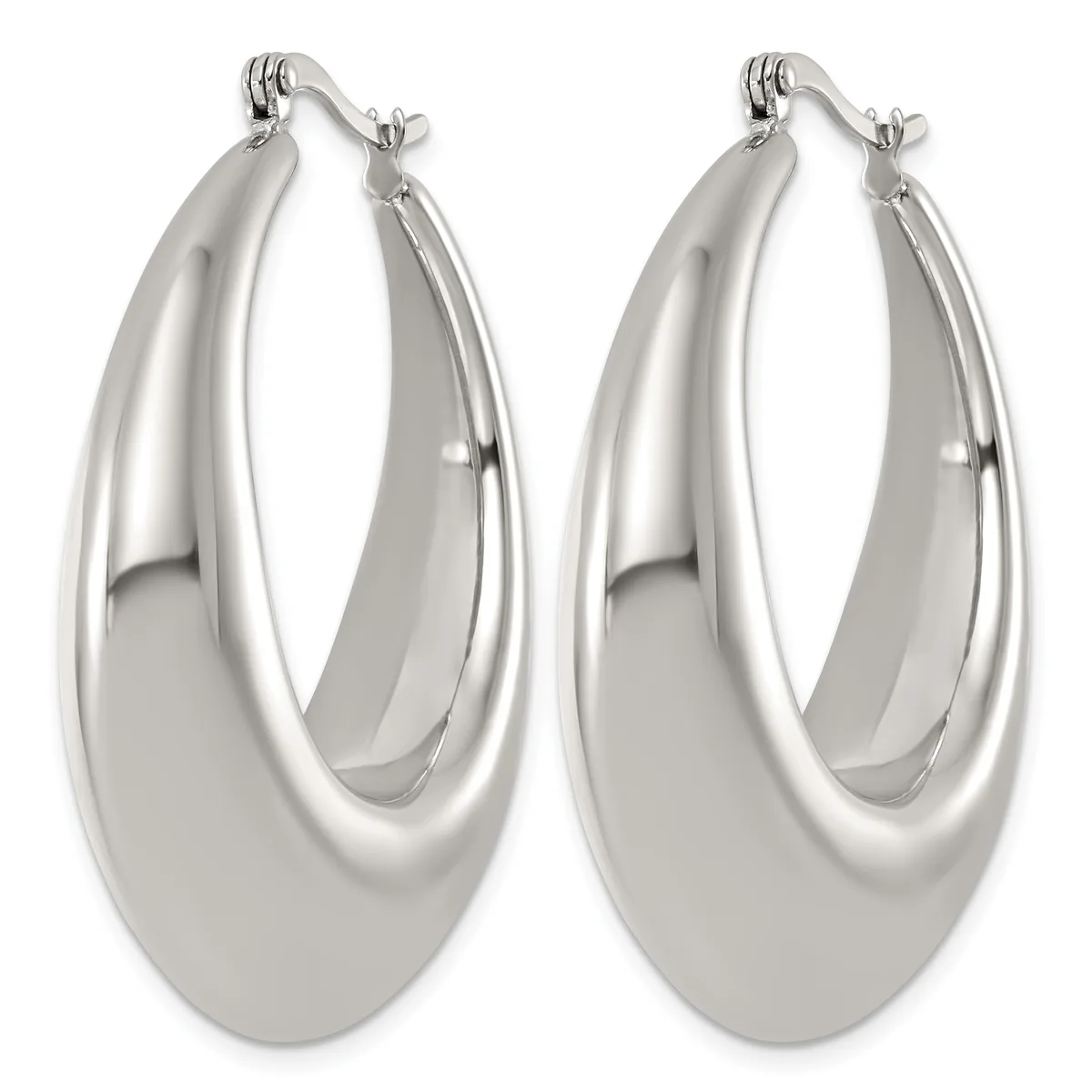 A pair of polished silver-toned chunky oval hoop earrings with hinged closures, displayed side by side.
