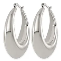A pair of polished silver-toned chunky oval hoop earrings with hinged closures, displayed side by side.
