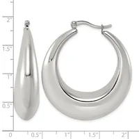A pair of polished silver-toned chunky hoop earrings displayed next to a measurement scale showing they are approximately two inches long.