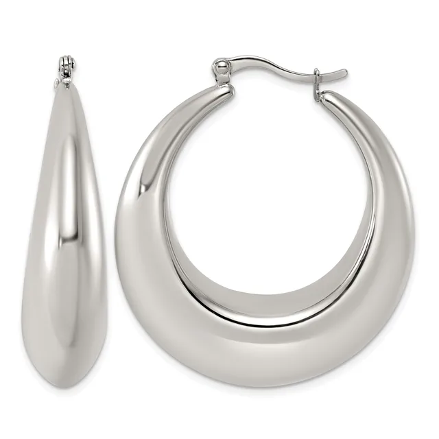 A pair of polished silver-toned chunky hoop earrings with a curved teardrop shape, shown from front and side views with hinged closures.